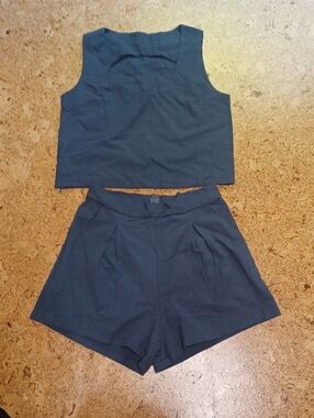 Women's Summer Blue Cotton Crepe Tank And Shorts Set, Marked Size L NWOT